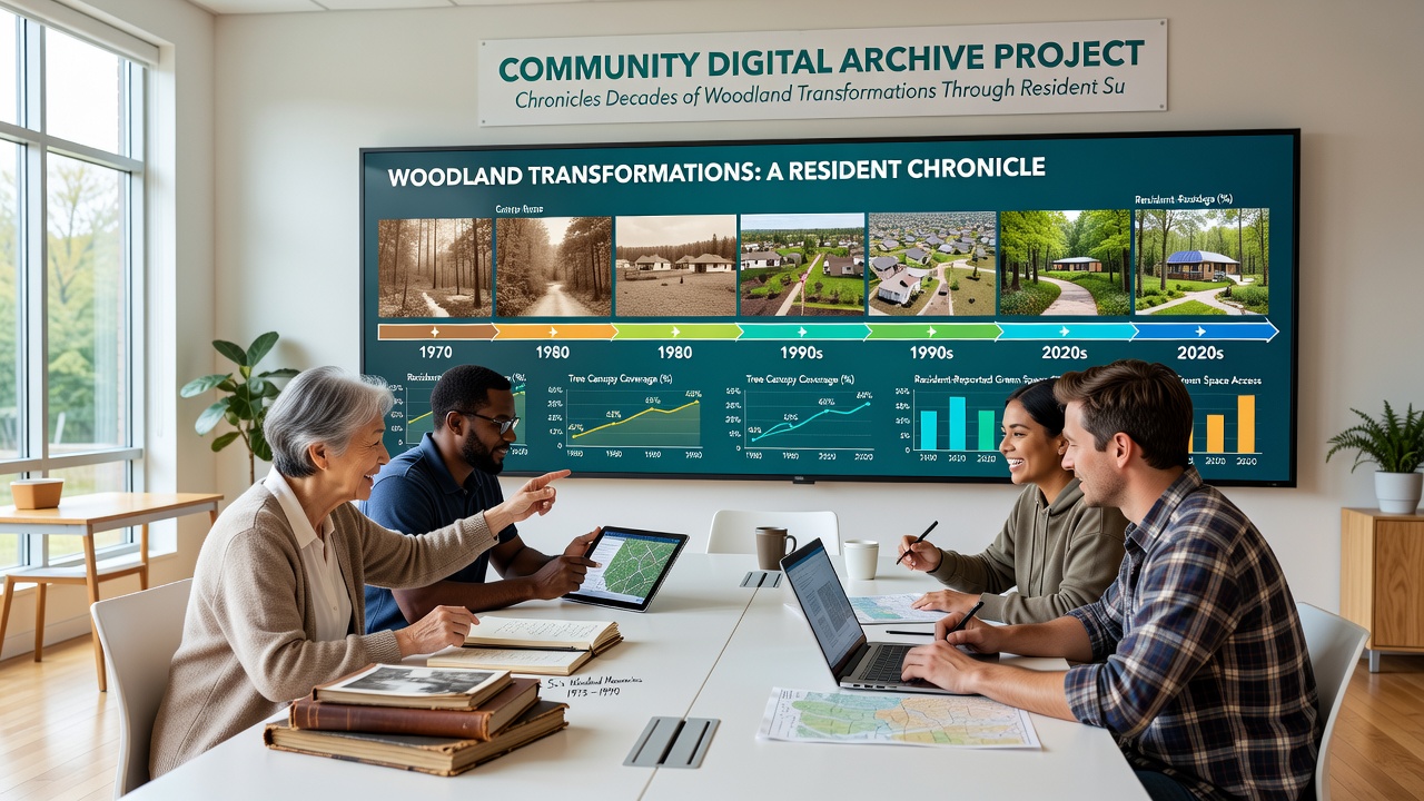 Digital interface displaying timeline of woodland changes from resident submissions